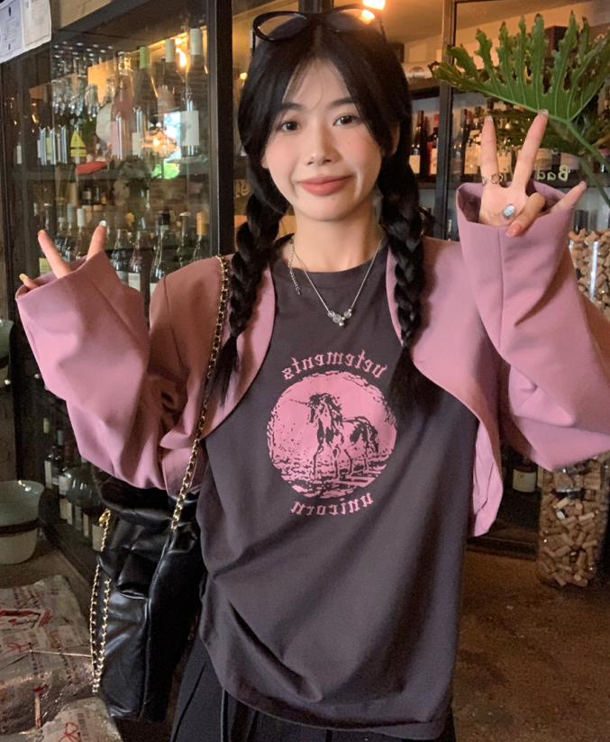 實拍！復古印花短袖T恤+短款西裝外套罩衫兩件套 套裝