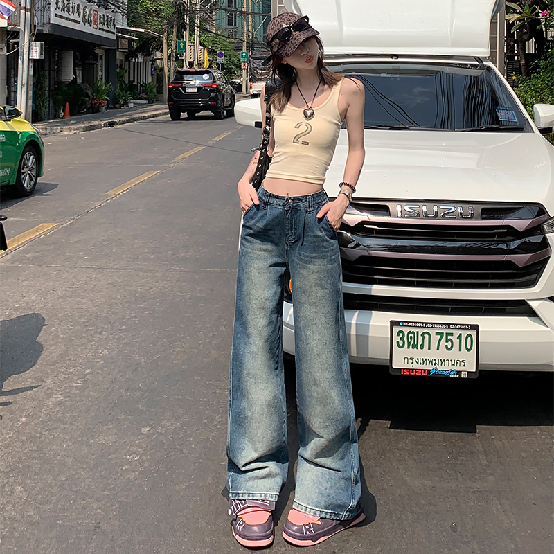 實拍~2024春季美式復古高街寬鬆韓版百搭闊腿牛仔褲女垂感直筒褲
