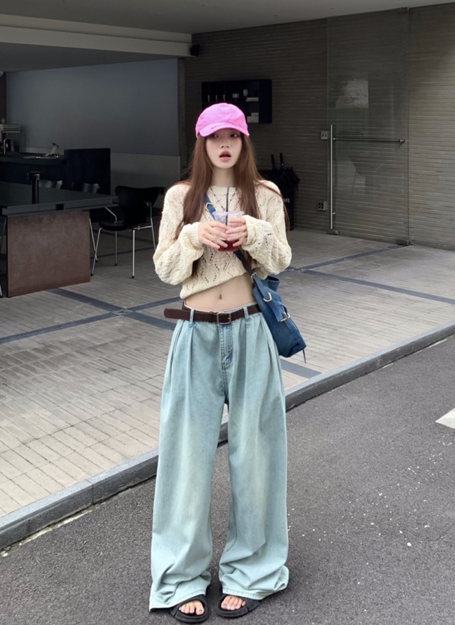 實拍~秋季復古高腰顯瘦闊腿牛仔褲女垂感寬鬆拖地褲