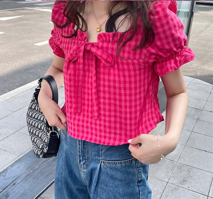 夏季火龍果紅色別致短袖格子小衫小個子甜美氣質短上衣M-4XL200斤