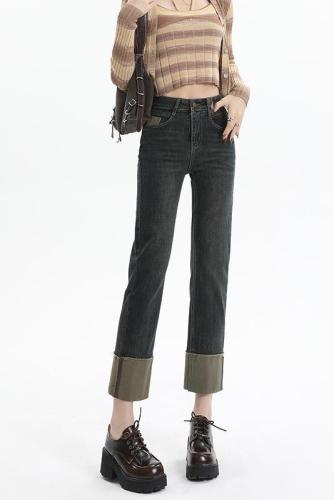 Photographed and Spliced Frayed Denim Jeans for Women Spring/Autumn 2024 New High-Waist Slimming Shorty Nine-Divided Edge Smoking Pipe Pants