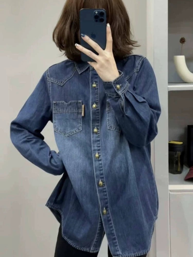 牛仔襯衫女秋冬2024新款寬鬆設計感疊穿上衣休閒襯衣外套