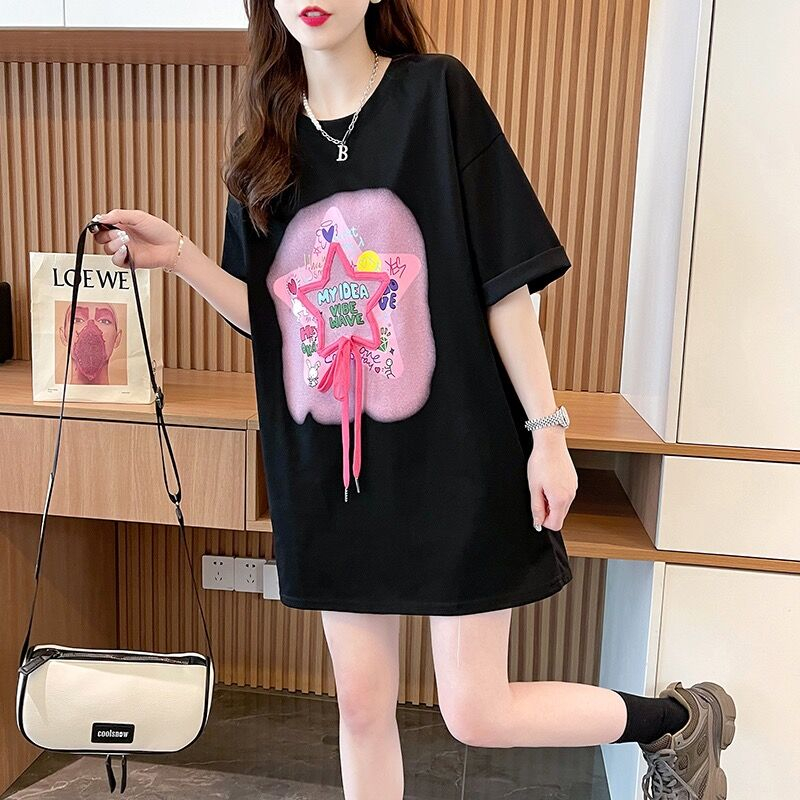 質量/環定紡純棉/後包領/中長款立體裝飾短袖T恤女
