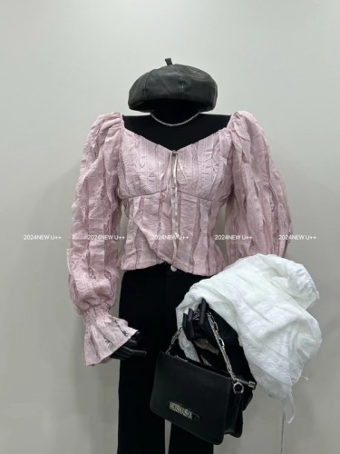 PLNH韩国2024春夏新款时尚设计感小众法式纯欲风方领一字肩衬衫女