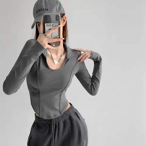 已出貨 復古魚骨貼條緊身收腰辣妹打底衫女純色長袖休閒簡約