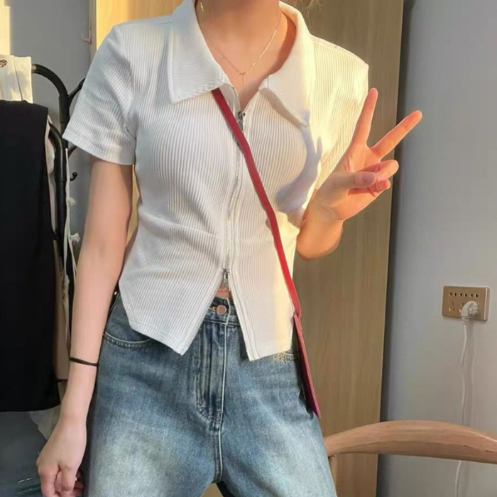 正肩短袖t恤女新款夏季修身顯瘦純色別致漂亮短款上衣設計感小眾