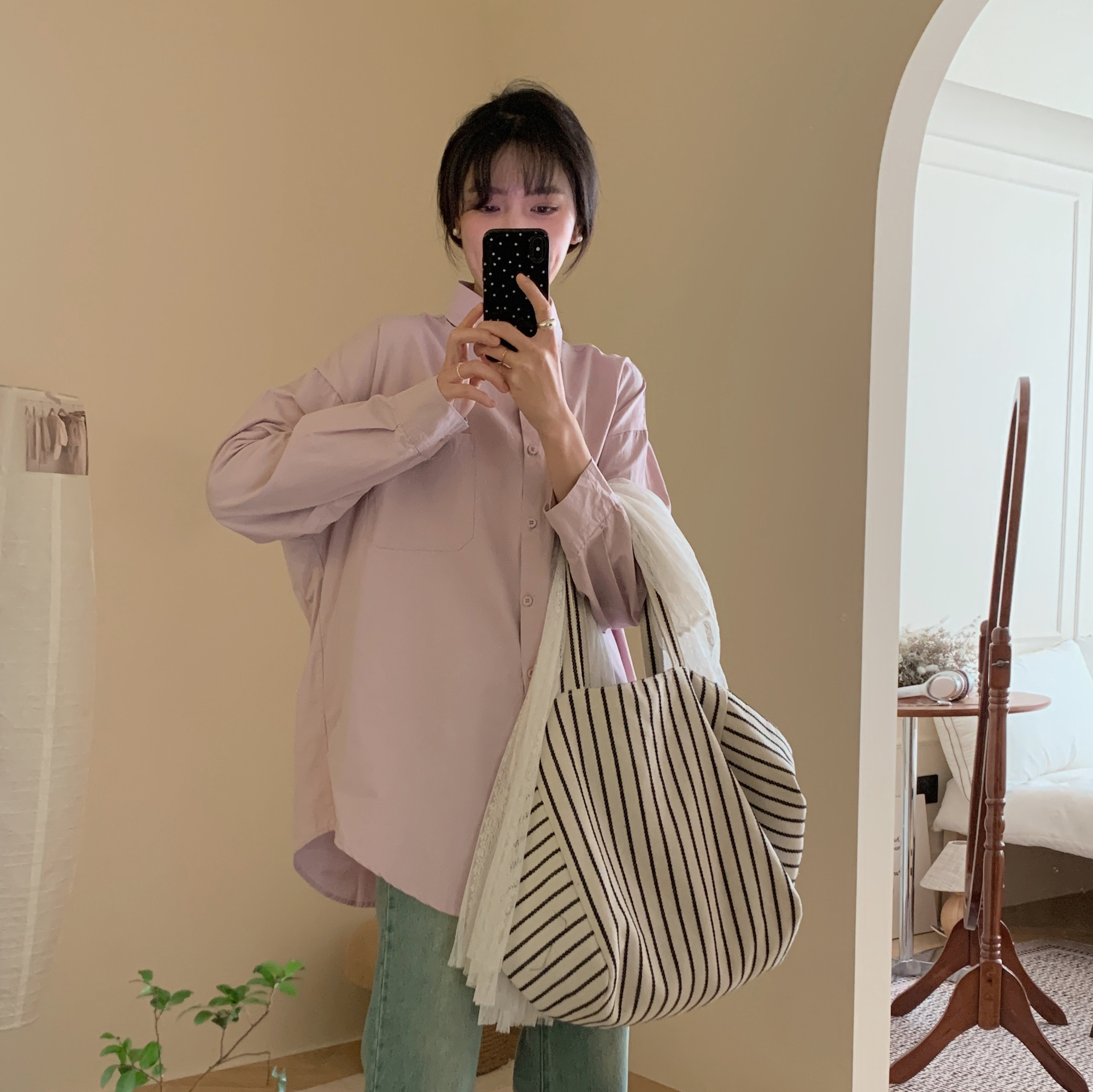 Actual shot of spring macaron color loose and versatile pure cotton shirt