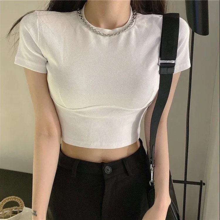 羅紋 顯瘦修身短款短袖t恤女露腰打底衫內搭上衣