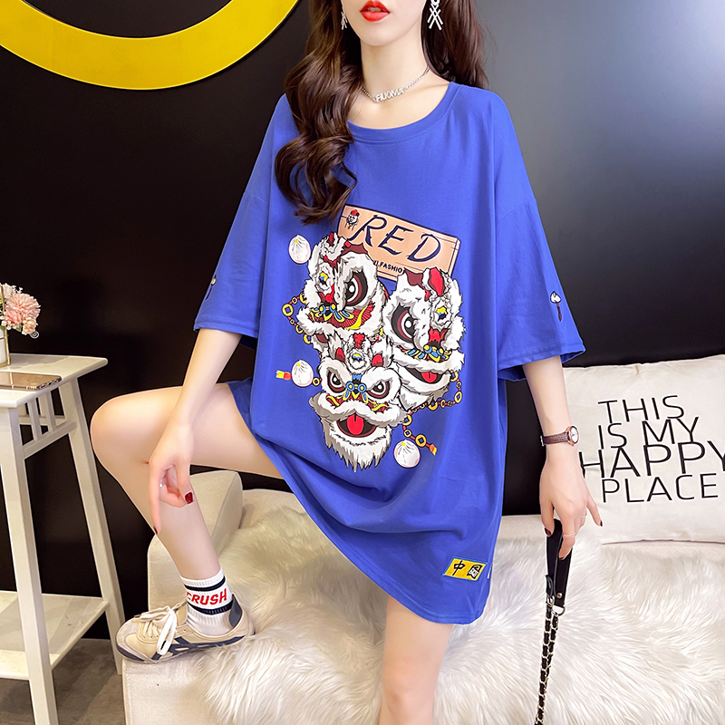 實拍6535棉夏季2024卡通舞獅印花短袖圓領寬鬆T恤女