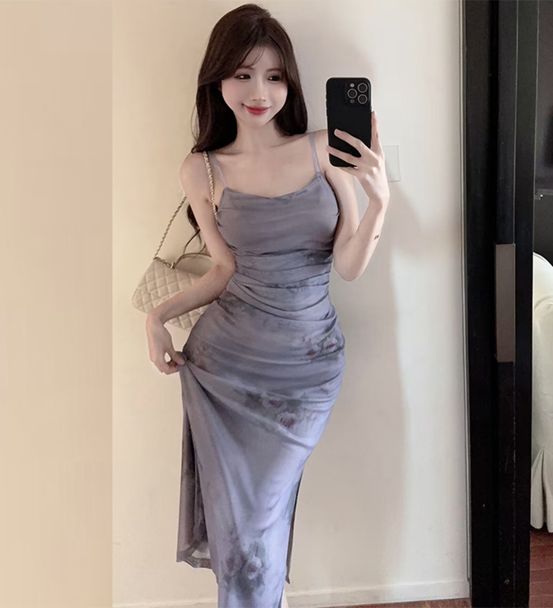 實拍法式優雅吊帶連衣裙夏季玫瑰花扎染褶皺顯瘦性感辣妹開叉長裙