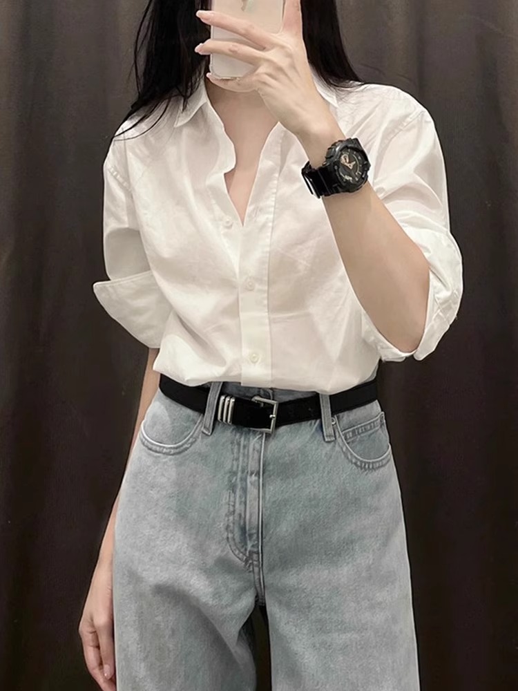 法式白色襯衫女2024新款春秋小個子寬鬆長袖襯衣內搭職業通勤上衣