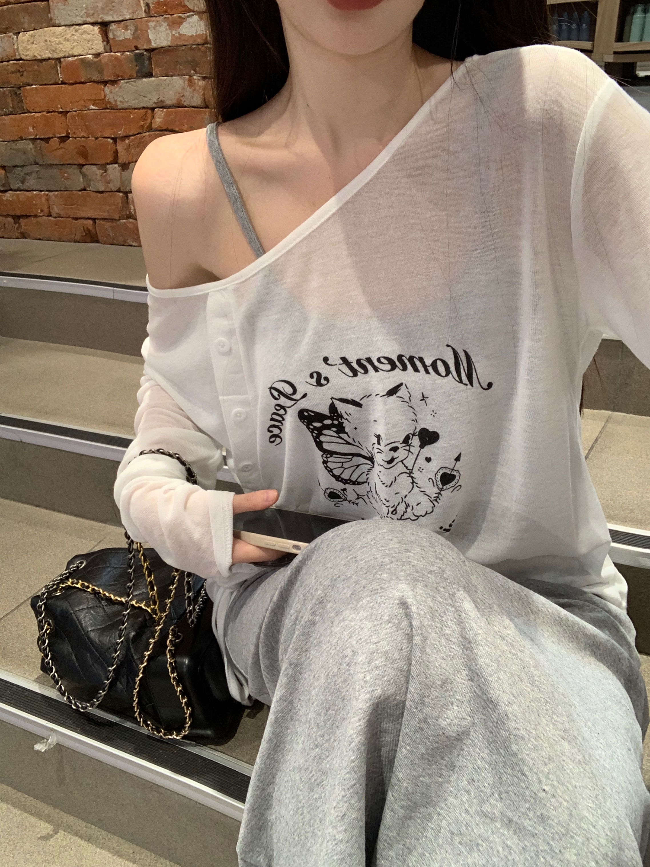 已出貨 韓版印花長袖T恤女夏防曬抽繩上衣圓領百搭套頭春秋