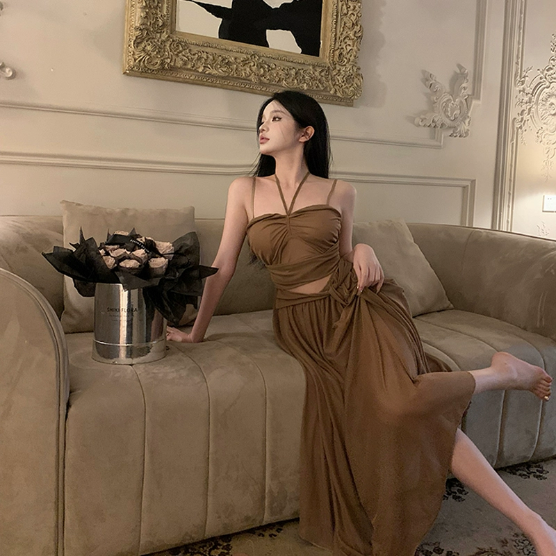 實拍！法式溫柔風掛脖吊帶網紗連衣裙設計感裹胸裙子夏2402