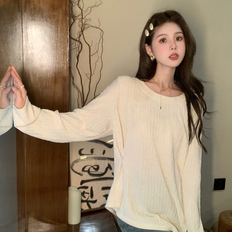 大碼女裝寬鬆型簡約休閒長袖套頭圓領T恤