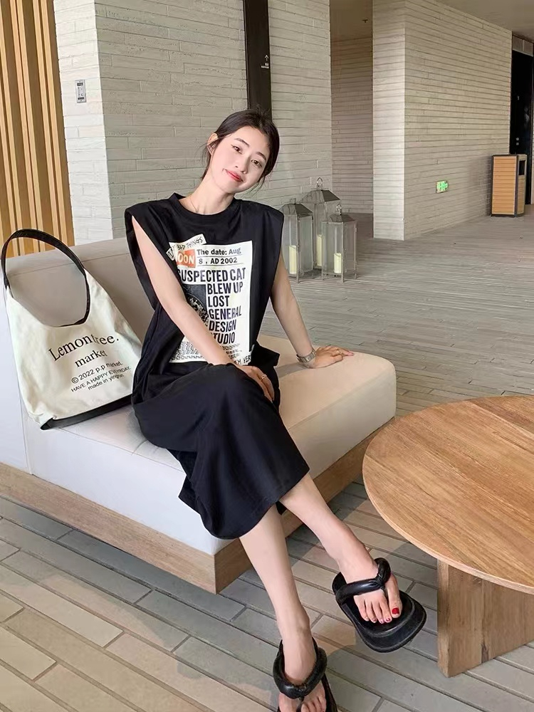 夏季新款無袖T恤長裙個性上衣女背心連衣裙子