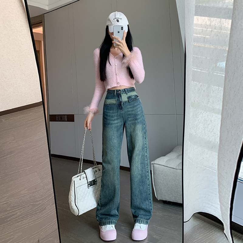 實拍2024早春時尚潮流直筒闊腿休閒牛仔褲女