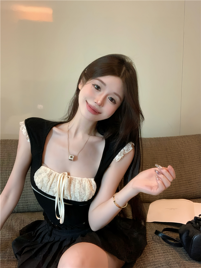 實拍 洛麗塔純欲蕾絲拼接小飛袖小衫甜辣短款修身上衣