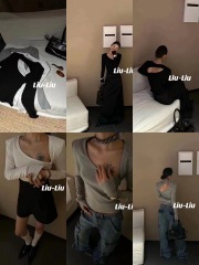 Thirteen Lines Korean Version 2024 Early Spring New Style Shoulder Pad Slim Elastic Irregular Front and Back Design Backless T-shirt for Women