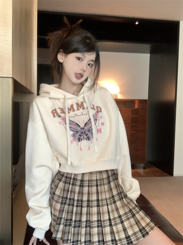 實拍  原創設計感寬鬆顯瘦短款蝴蝶連帽衛衣