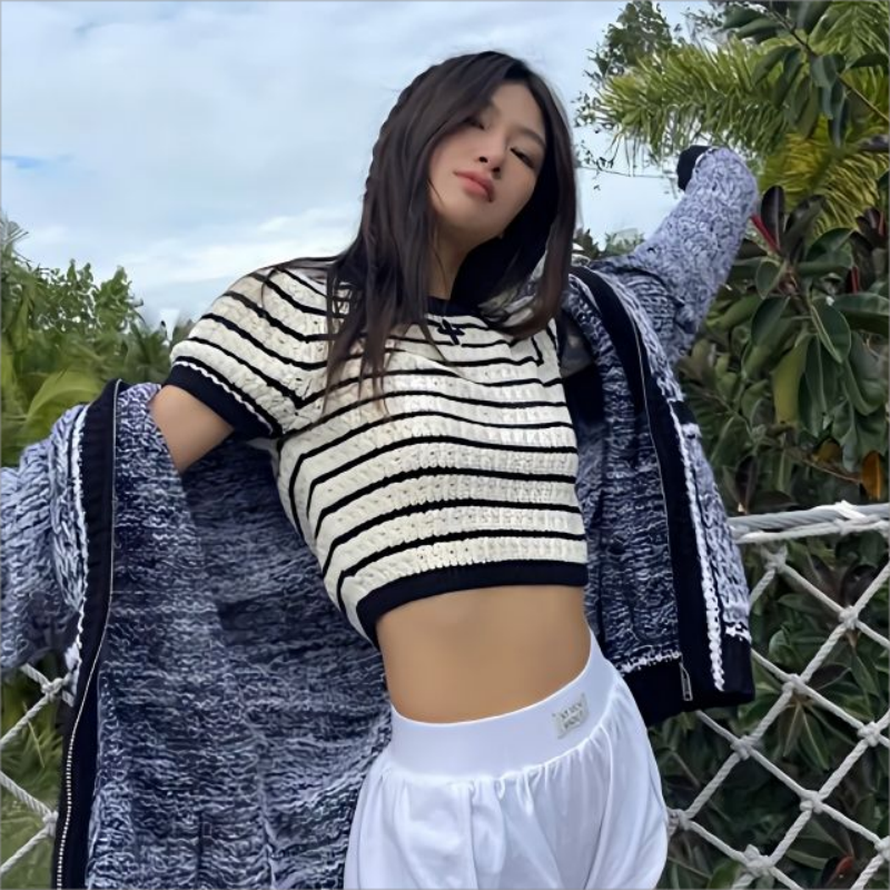 黑白撞色條紋寬鬆短袖上衣百搭短款韓版休閒春夏新款針織打底衫