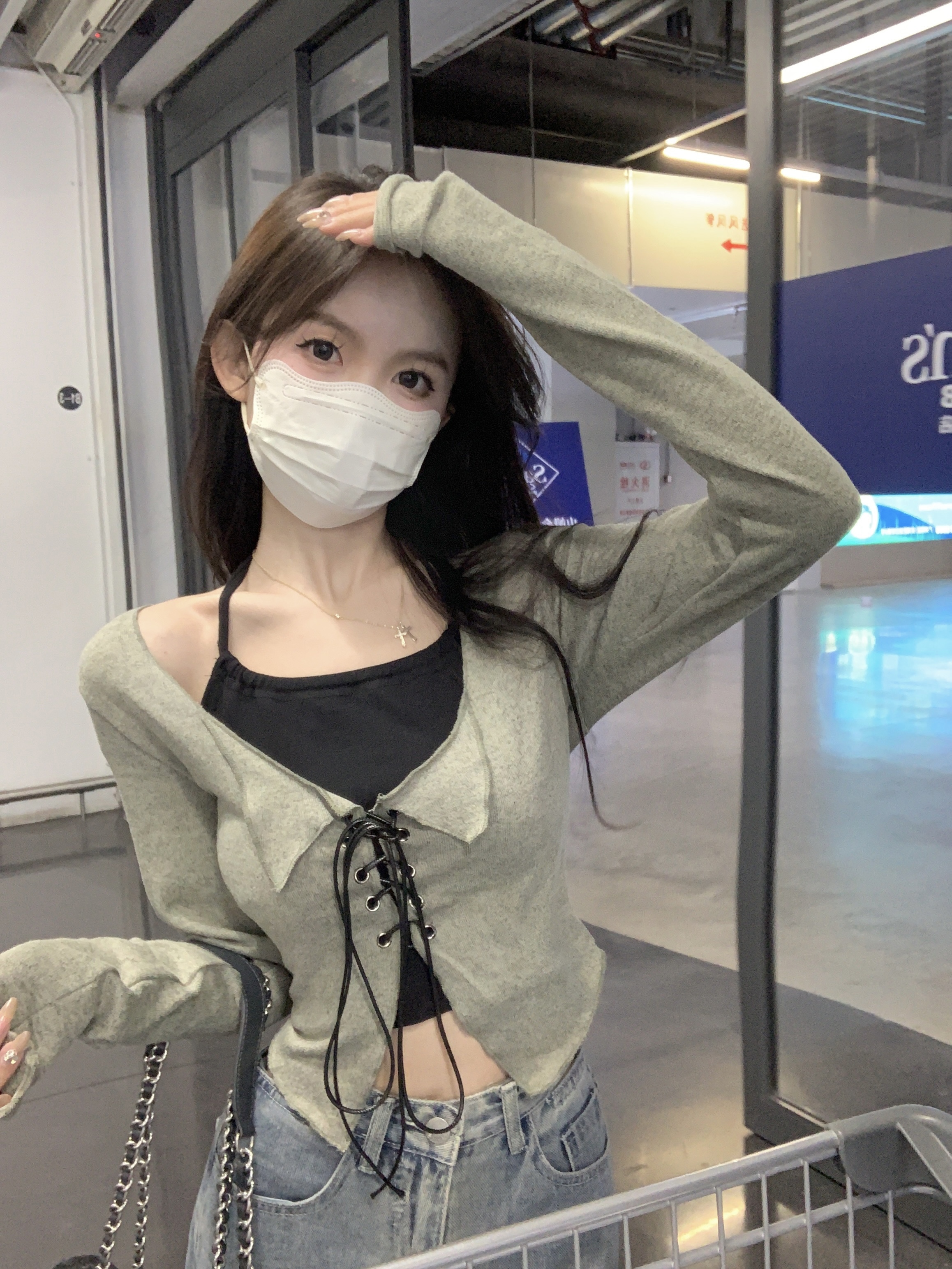 實拍~秋季韓版純欲吊帶薄款甜辣設計感針織開衫上衣兩件套女