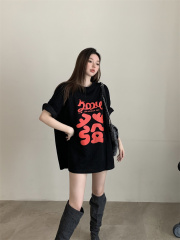 Real-shot~ Chic, Niche Design Spring New Arrival Wealthy-Printed Mid-Length Loose-Fit Slimming Short-Sleeve T-Shirt