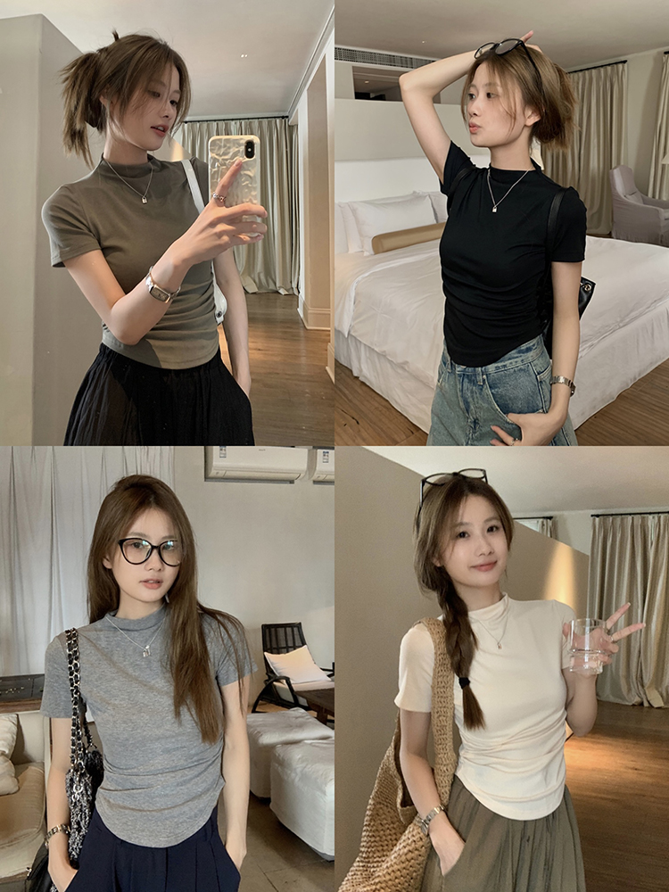 褶皺收腰半高領純欲短袖正肩T恤女夏季設計感顯瘦辣妹純色上衣服