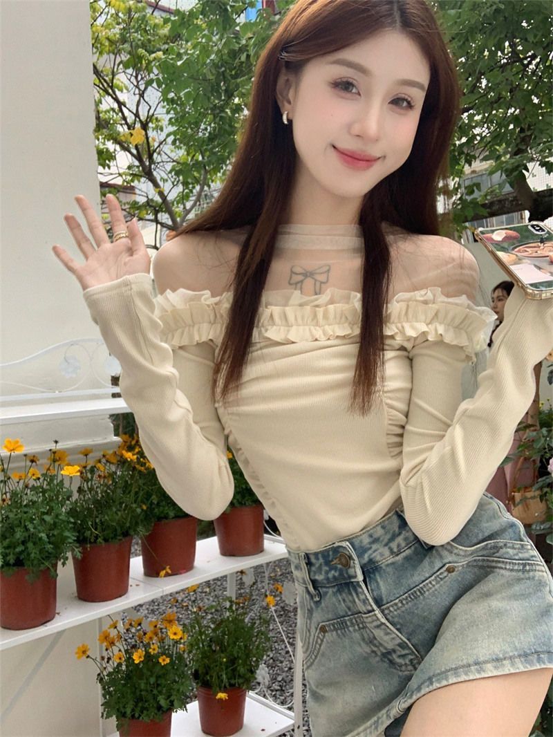 已出貨 法式溫柔甜辣妹網紗拼接長袖T恤女春收腰設計感小眾上衣