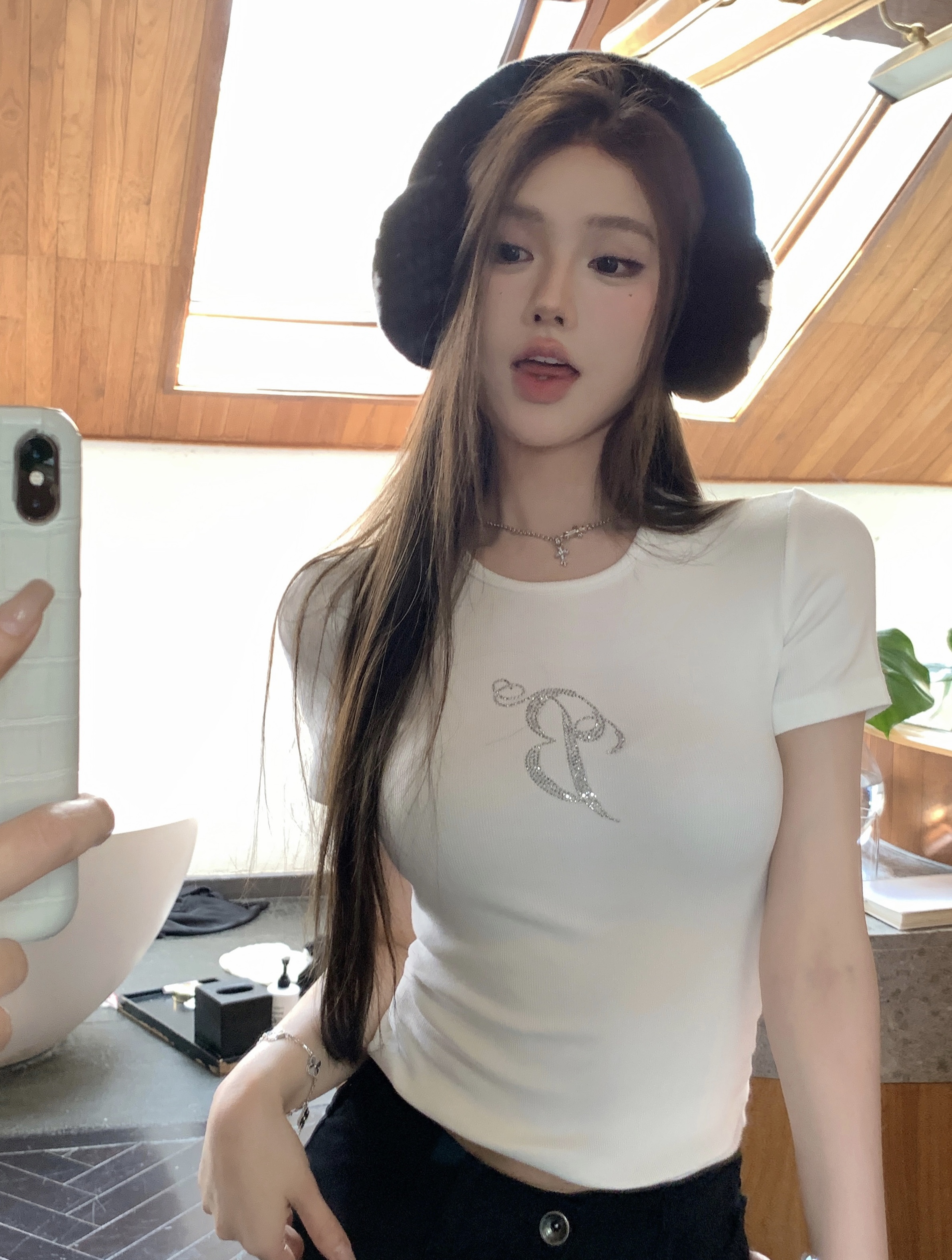 實拍 鑽石彈力套頭圓領修身百搭顯瘦短袖T恤上衣女