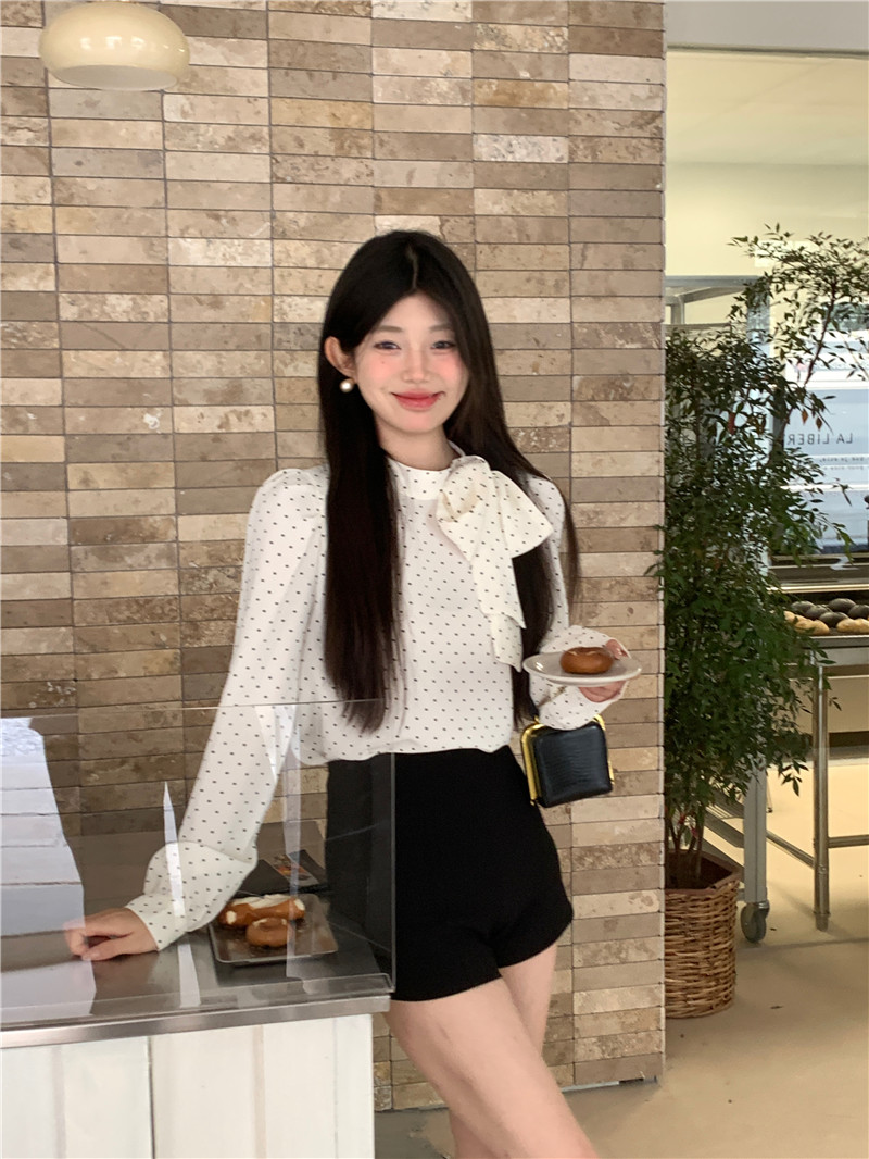 實拍春季新款韓版波點系帶立領泡泡袖上衣襯衫