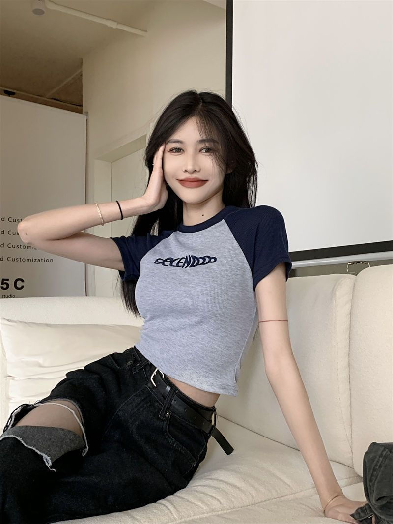 已出貨 t恤女短袖撞色夏季新款插肩體恤修身顯瘦短款緊身上衣女