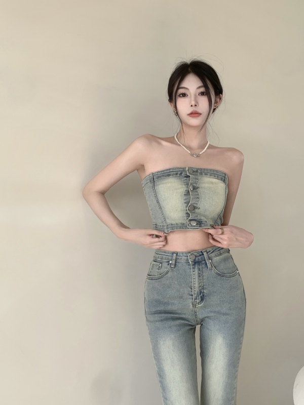 實拍~ins港風辣妹美背牛仔抹胸+修身彈力微喇牛仔褲兩件套潮