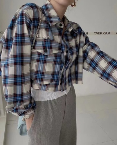 韩国chic 翻领字母印花设计宽松百搭长袖短款衬衫上衣