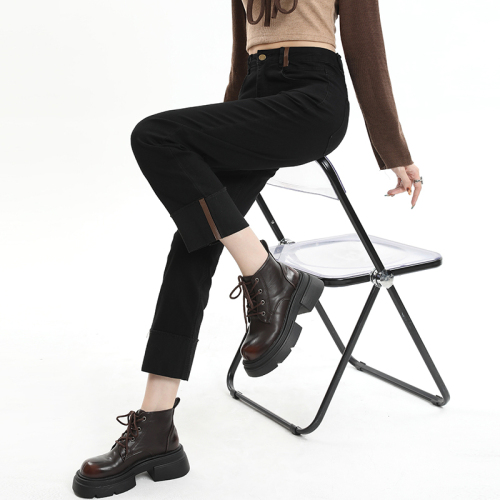 Photographed and Spliced Frayed Denim Jeans for Women Spring/Autumn 2024 New High-Waist Slimming Shorty Nine-Divided Edge Smoking Pipe Pants