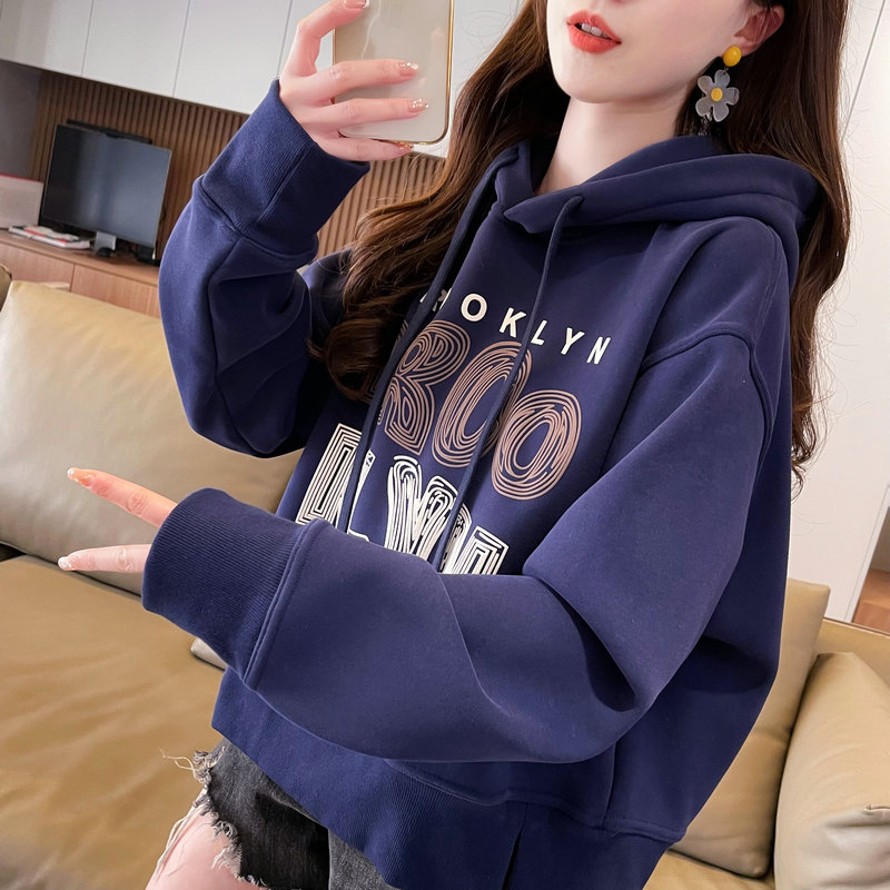 實拍 2024春季新款韓版連帽印花拼接大碼簡約薄款衛衣女