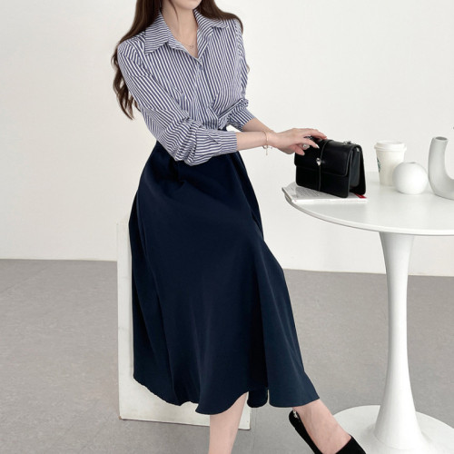 Size update Korean chic spring French light luxury fashion temperament striped patchwork waist shirt dress