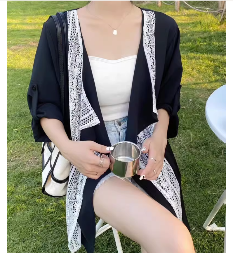 Korean style spring and summer trendy and generous casual fashionable and elegant lace chiffon temperament cardigan jacket long-sleeved top