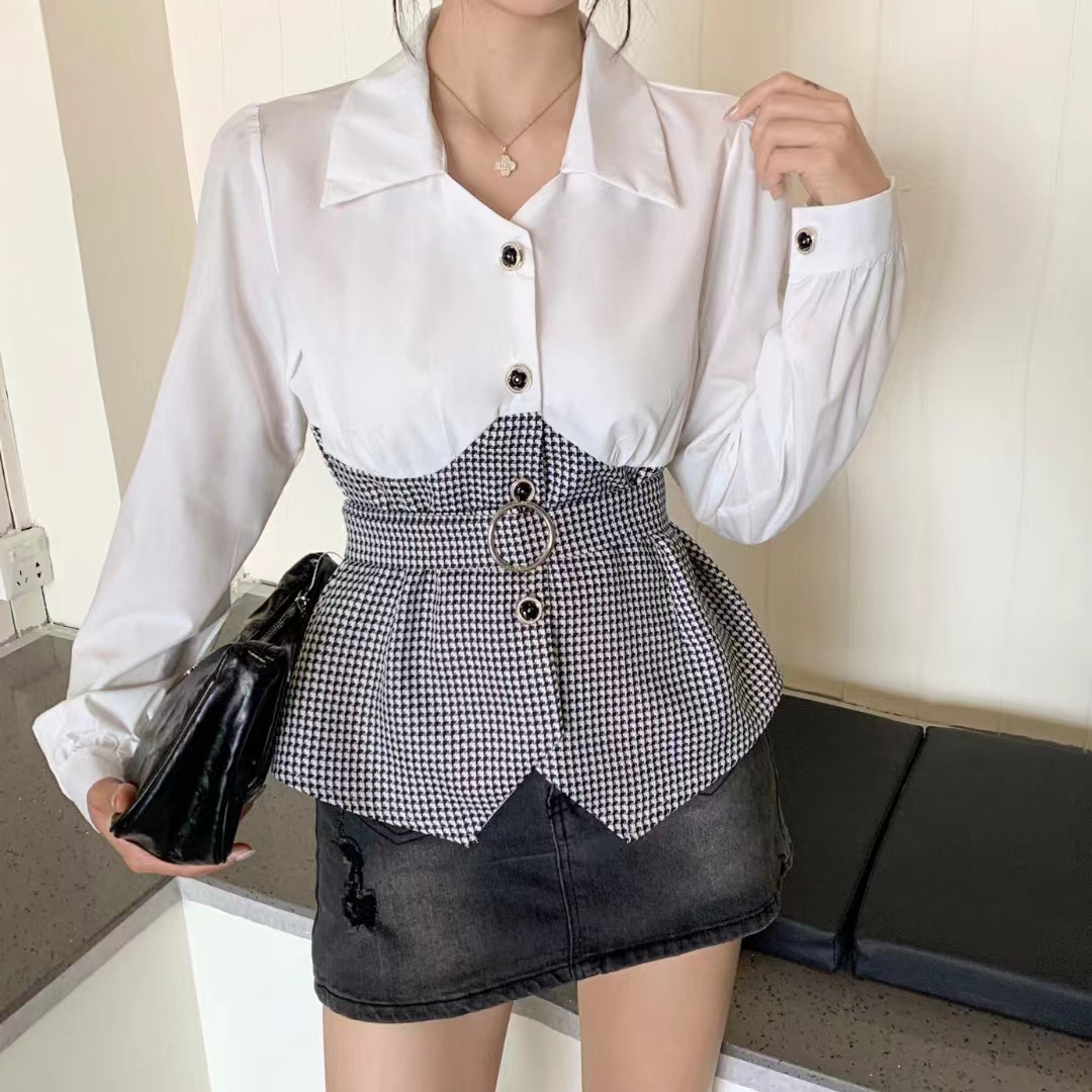 Niche lace-up waist contrasting long-sleeved shirt top