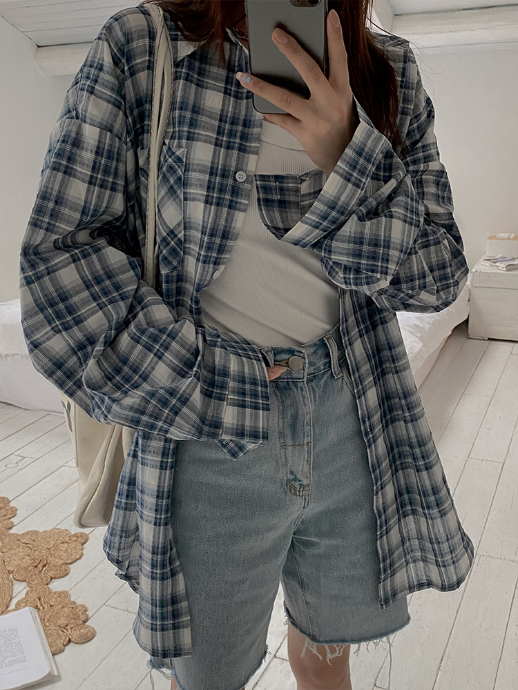 Big orange nonu blue and white plaid long-sleeved sunscreen shirt for women summer thin Korean style loose casual lazy style top