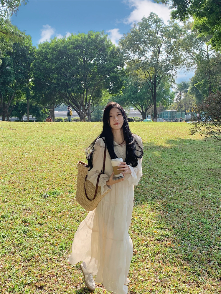 實拍  V領長袖茶歇法式連衣裙設計感小眾高腰長裙