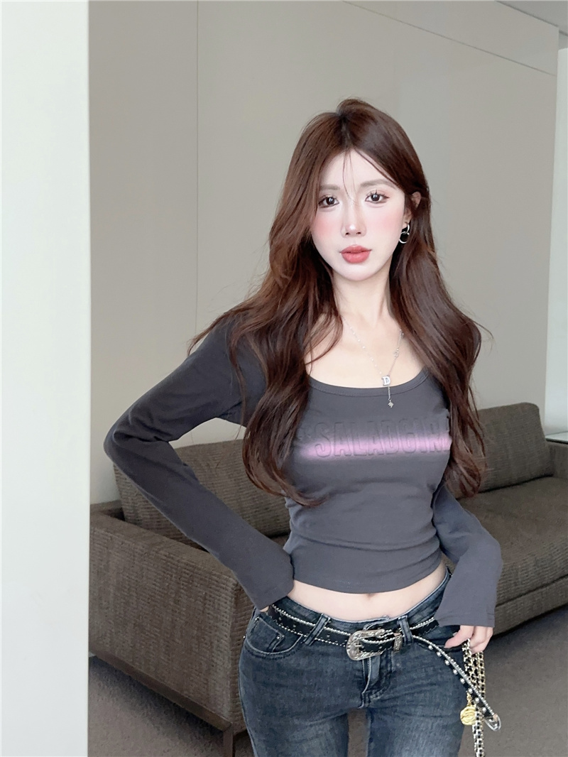 實拍~2024春季新款美式辣妹圓領正肩修身設計感小個子打底衫