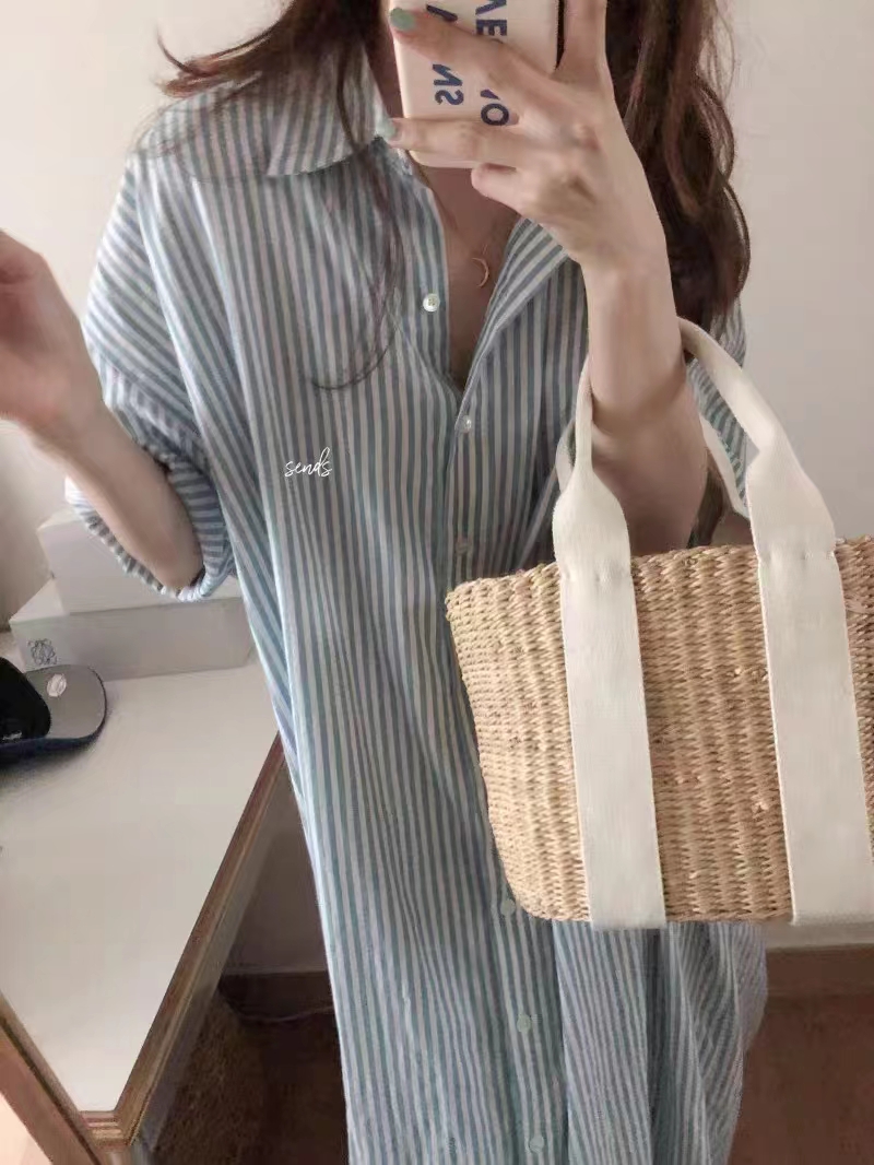 韓復古慵懶風條紋襯衫洋氣寬鬆超長款襯衫式連衣裙