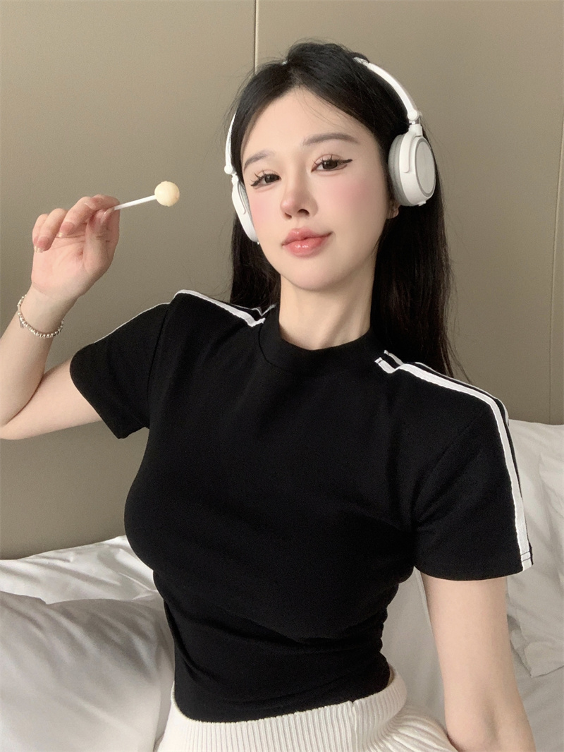 已出貨 純棉復古條紋夏季修身短款上衣T恤短袖超修身百搭休閒