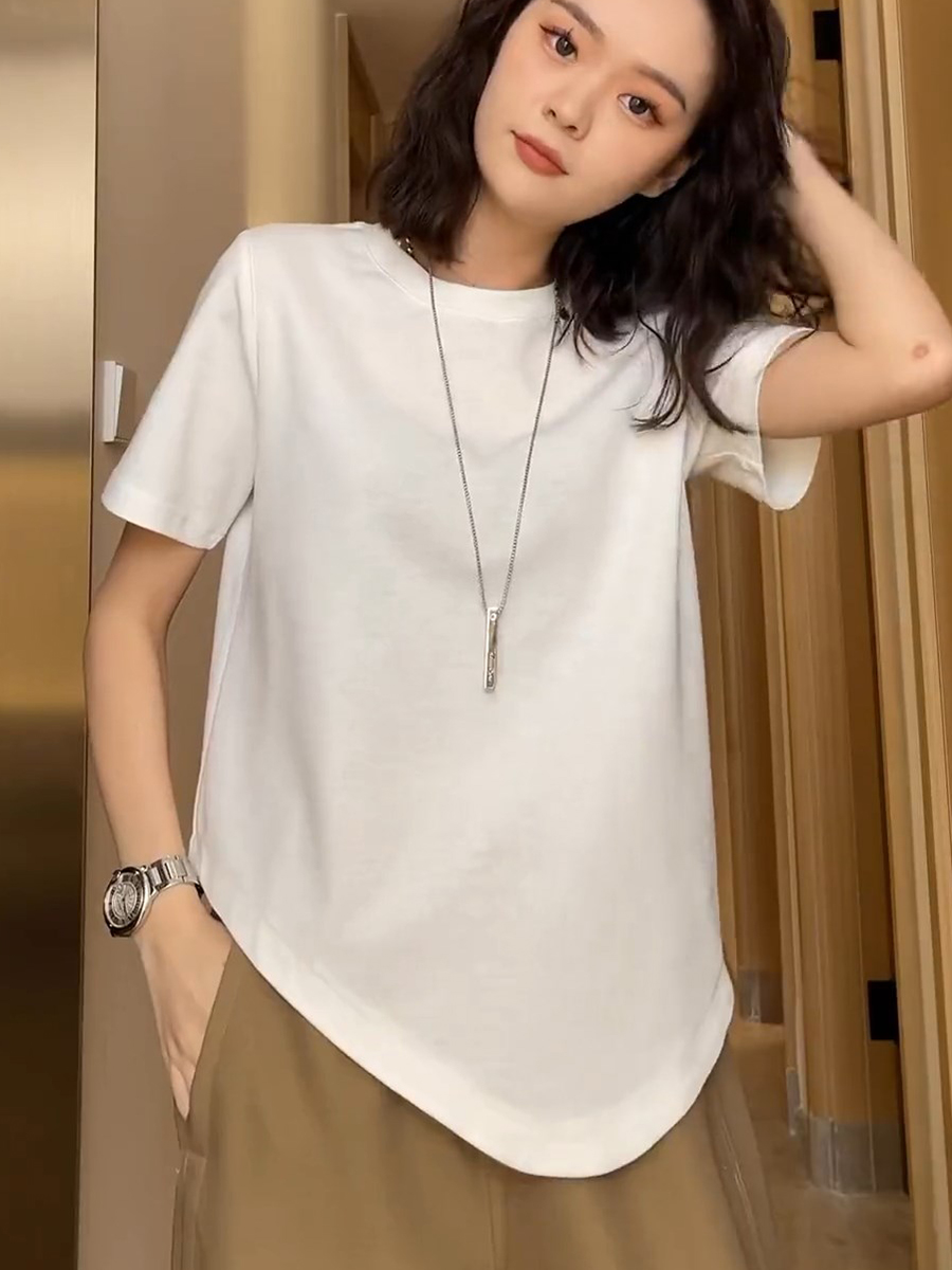 不規則純色體恤衫女白色薄款百搭純棉設計感顯瘦短袖T恤上衣夏季