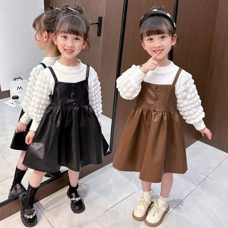 時尚洋氣女童兩件套2024春季新款外穿吊帶小皮裙百搭上衣女寶潮