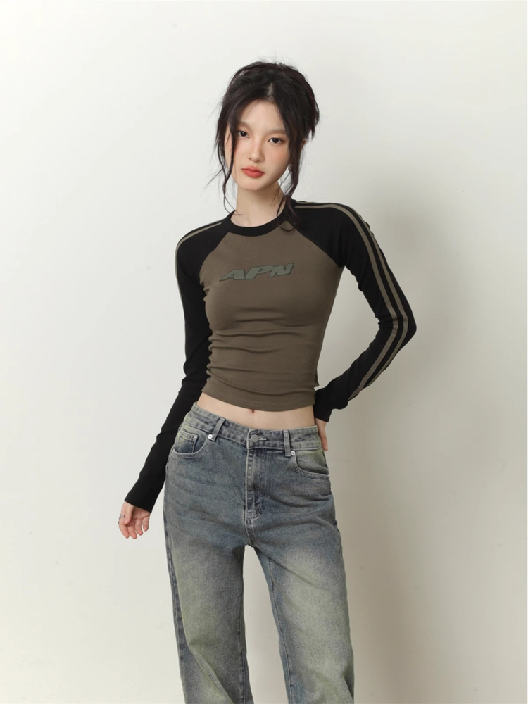 Ariseism 美式復古辣妹撞色插肩袖長袖t恤女2024春季新款修身上衣