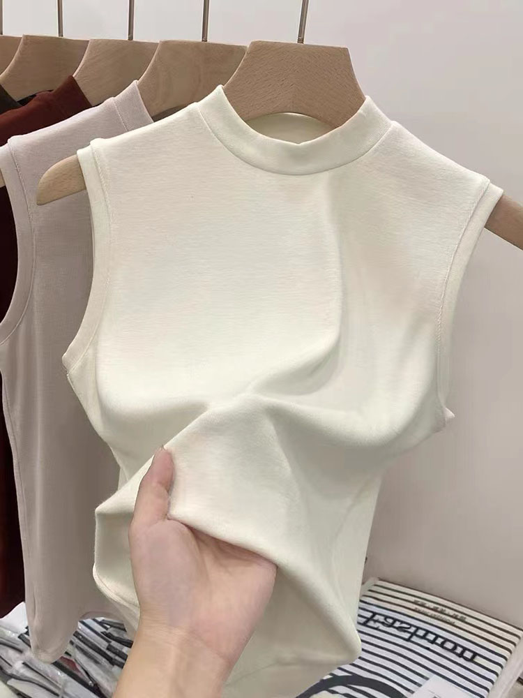 歐貨修身無袖小高領打底背心女內搭背心軟糯T恤上衣2024新款