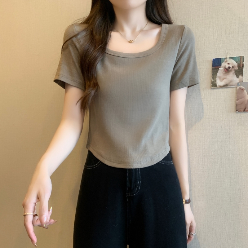 實拍 40支純棉 2024夏裝 短款修身T恤女弧形下擺短袖上衣打底衫