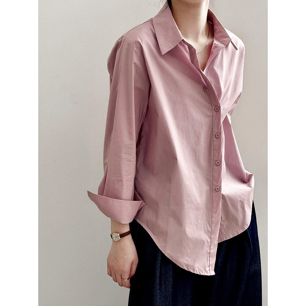 Real shot ~ Korean style simple lapel single-breasted shirt for women 2024 spring new irregular hem shirt