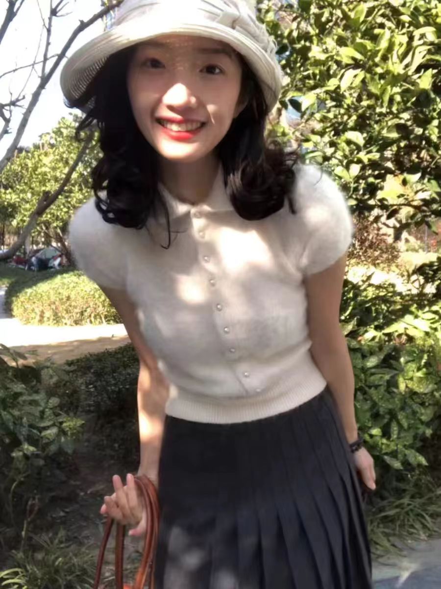 小香風白色翻領短袖內搭打底衫女春秋夏季羊毛毛衣修身針織衫上衣